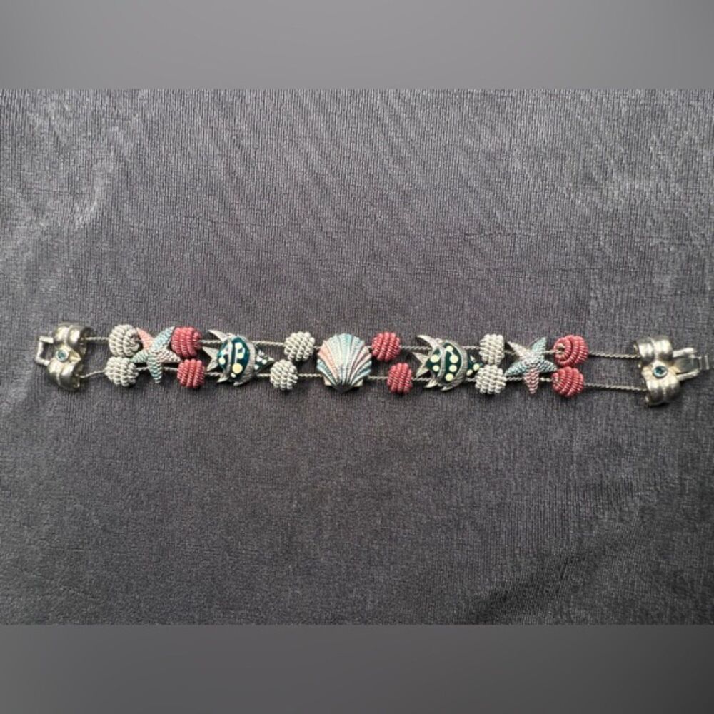 Slide Bead Bracelet Silver Tone Metal Enamel Nautical Theme